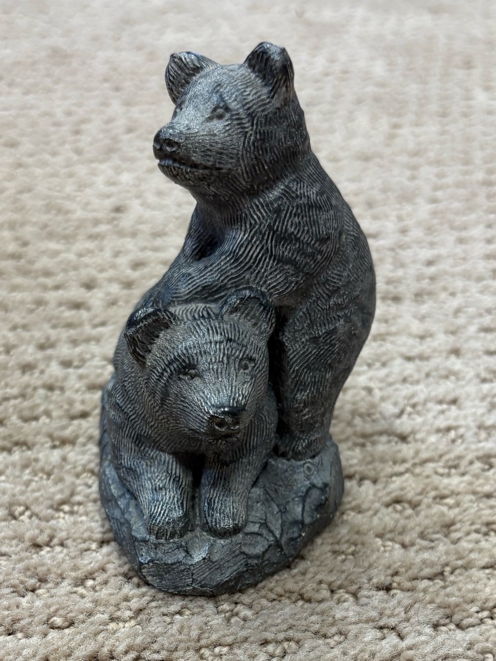 Handcrafted Gray Bear Pair Sculpture - Made In Canada
